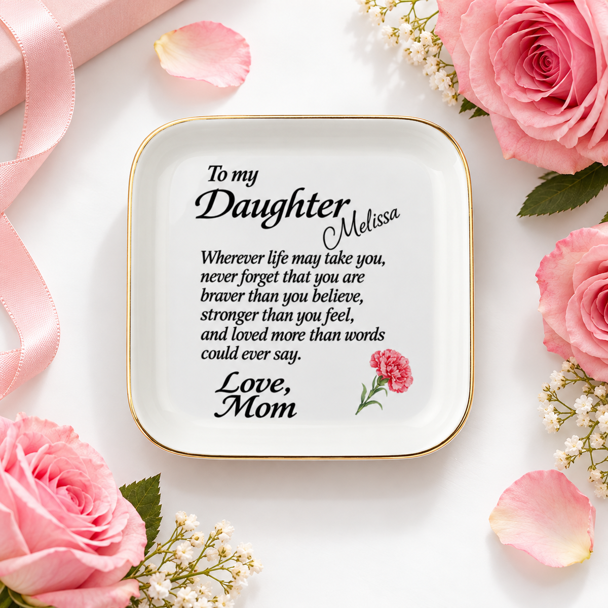 To My Daughter Jewelry Dish, Mom to Daughter Gift, Personalized Name Ring Holder, Inspirational Keepsake Tray with Carnation Flower