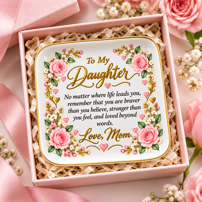 Daughter Jewelry Dish, To My Daughter Floral Keepsake, Mom Love Gift, Inspirational Ceramic Trinket Tray, Birthday Gift for Daughter