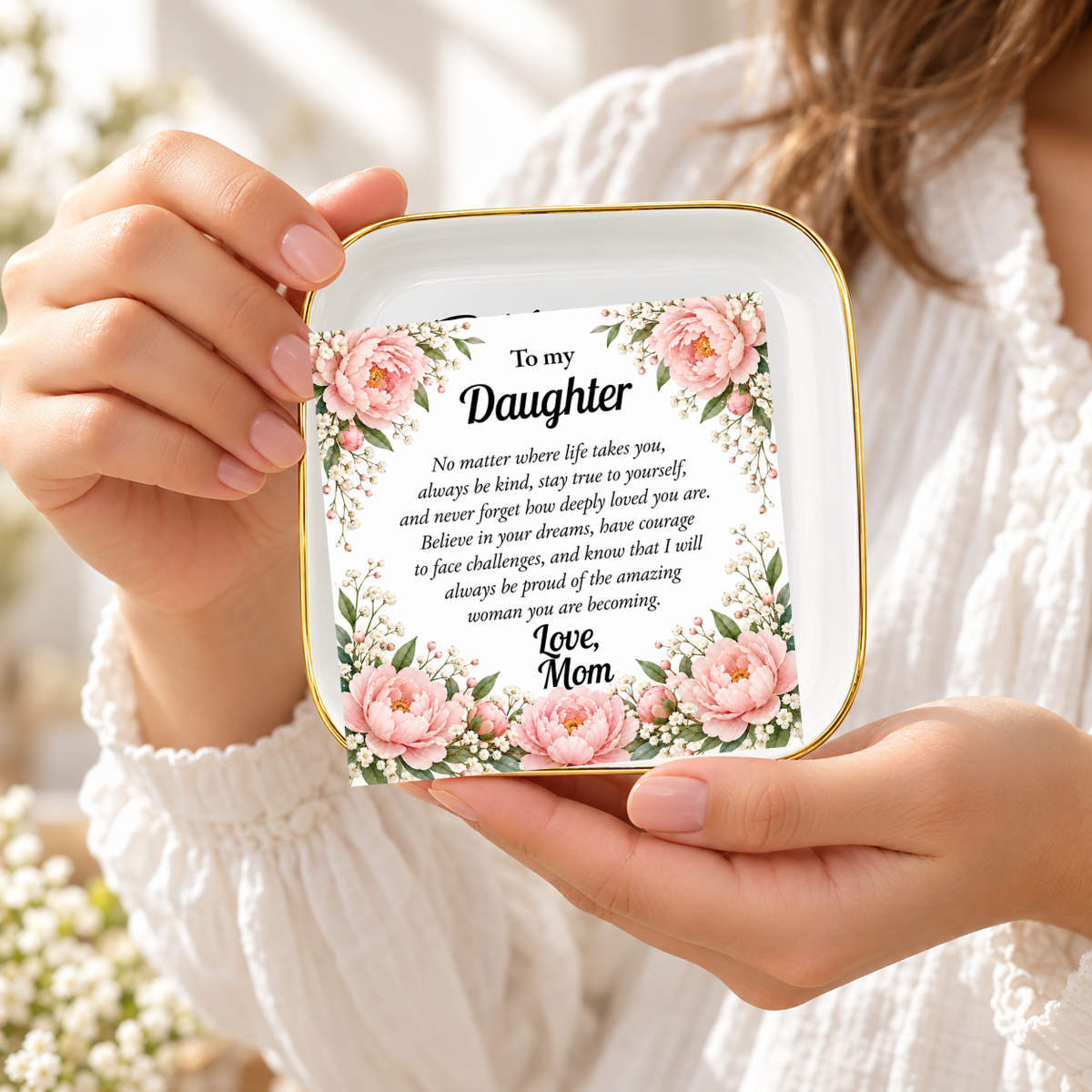 To My Daughter Jewelry Dish, Floral Mom Gift, Pink Peony Keepsake Tray, Inspirational Ceramic Trinket Dish, Daughter Birthday Gift