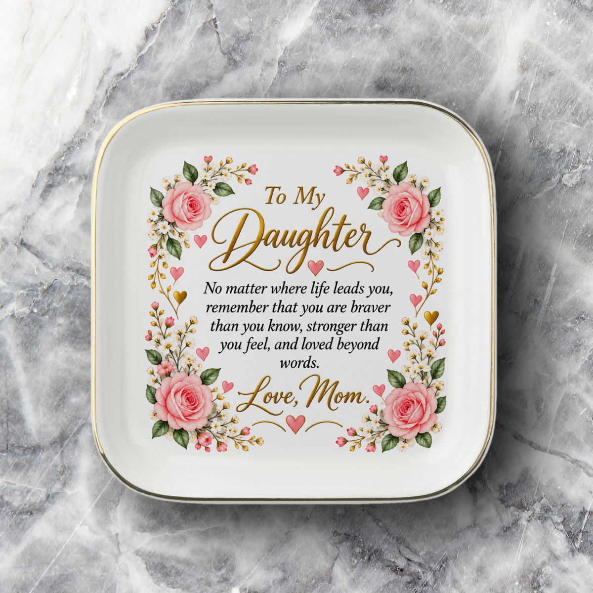 Daughter Jewelry Dish, To My Daughter Floral Keepsake, Mom Love Gift, Inspirational Ceramic Trinket Tray, Birthday Gift for Daughter
