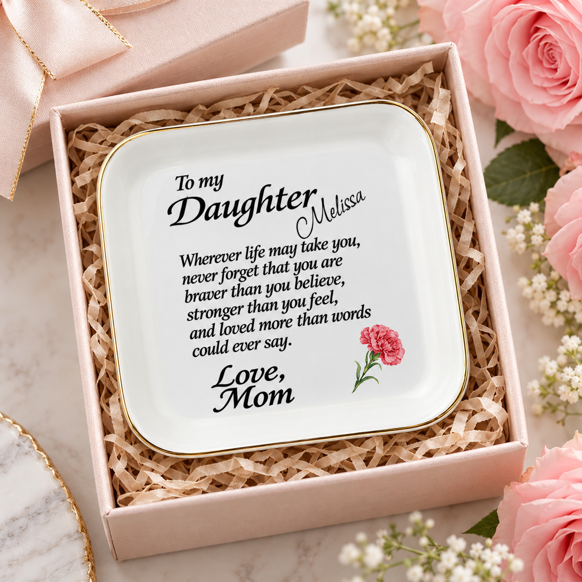 To My Daughter Jewelry Dish, Mom to Daughter Gift, Personalized Name Ring Holder, Inspirational Keepsake Tray with Carnation Flower