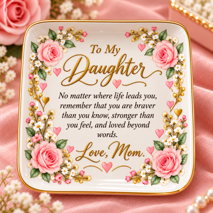 Daughter Jewelry Dish, To My Daughter Floral Keepsake, Mom Love Gift, Inspirational Ceramic Trinket Tray, Birthday Gift for Daughter