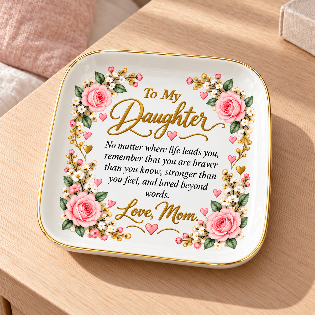 Daughter Jewelry Dish, To My Daughter Floral Keepsake, Mom Love Gift, Inspirational Ceramic Trinket Tray, Birthday Gift for Daughter