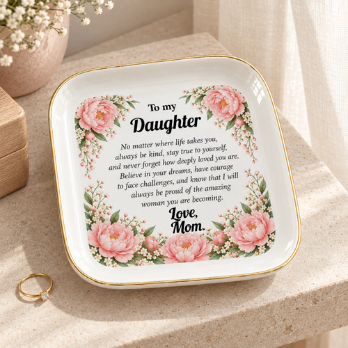 To My Daughter Jewelry Dish, Floral Mom Gift, Pink Peony Keepsake Tray, Inspirational Ceramic Trinket Dish, Daughter Birthday Gift