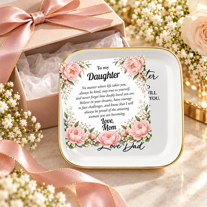 To My Daughter Jewelry Dish, Floral Mom Gift, Pink Peony Keepsake Tray, Inspirational Ceramic Trinket Dish, Daughter Birthday Gift