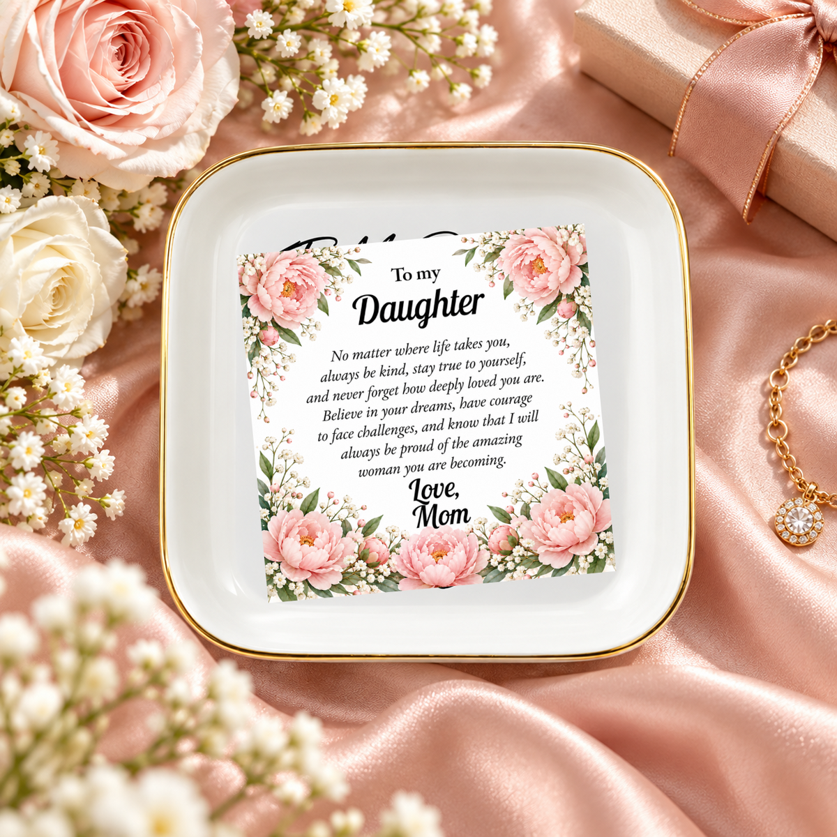 To My Daughter Jewelry Dish, Floral Mom Gift, Pink Peony Keepsake Tray, Inspirational Ceramic Trinket Dish, Daughter Birthday Gift