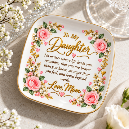 Daughter Jewelry Dish, To My Daughter Floral Keepsake, Mom Love Gift, Inspirational Ceramic Trinket Tray, Birthday Gift for Daughter