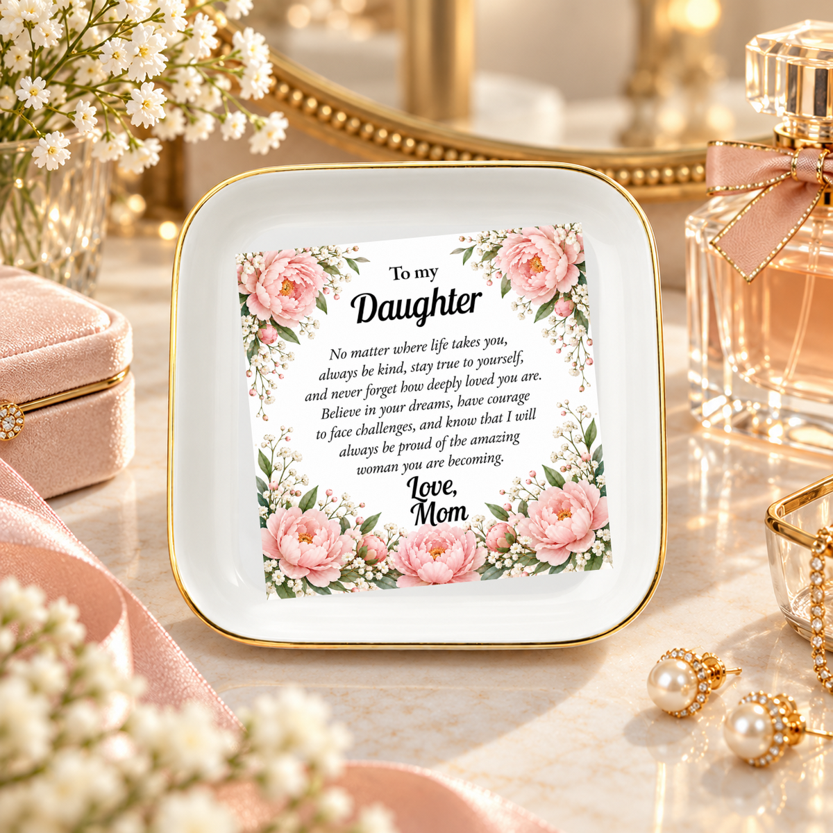 To My Daughter Jewelry Dish, Floral Mom Gift, Pink Peony Keepsake Tray, Inspirational Ceramic Trinket Dish, Daughter Birthday Gift