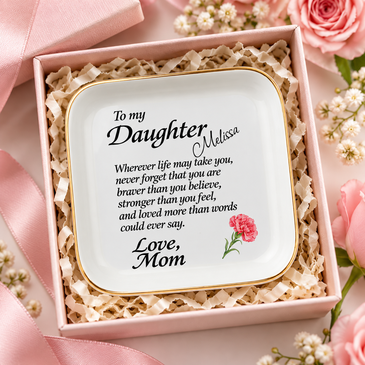 To My Daughter Jewelry Dish, Mom to Daughter Gift, Personalized Name Ring Holder, Inspirational Keepsake Tray with Carnation Flower