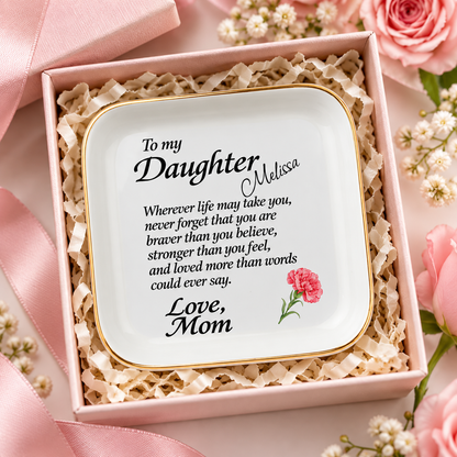 To My Daughter Jewelry Dish, Mom to Daughter Gift, Personalized Name Ring Holder, Inspirational Keepsake Tray with Carnation Flower