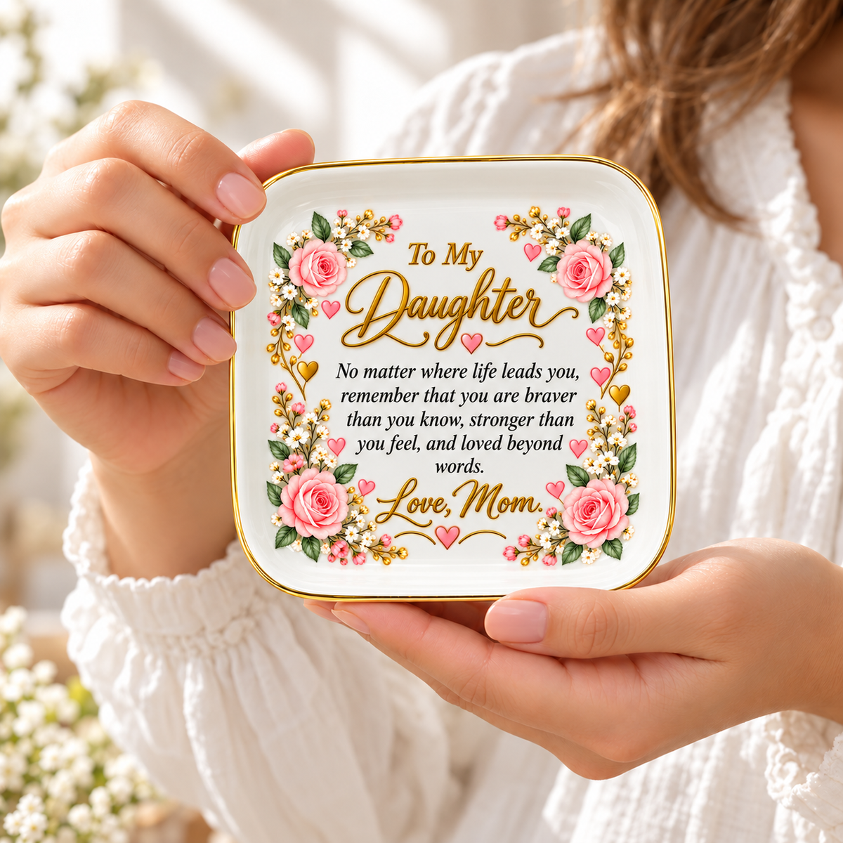 Daughter Jewelry Dish, To My Daughter Floral Keepsake, Mom Love Gift, Inspirational Ceramic Trinket Tray, Birthday Gift for Daughter