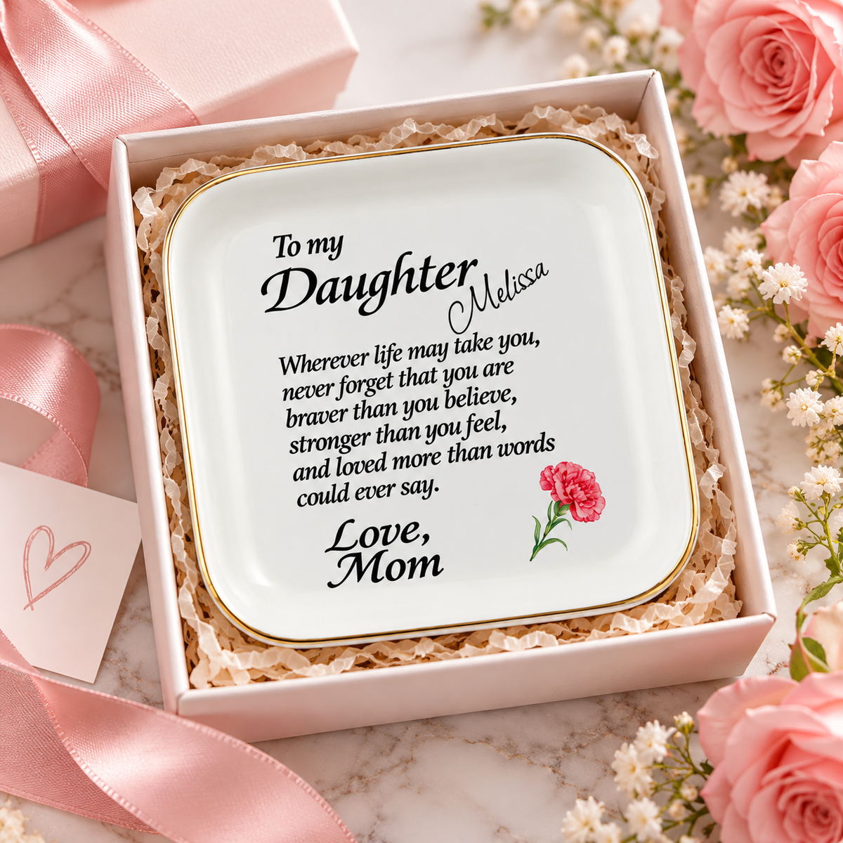 To My Daughter Jewelry Dish, Mom to Daughter Gift, Personalized Name Ring Holder, Inspirational Keepsake Tray with Carnation Flower