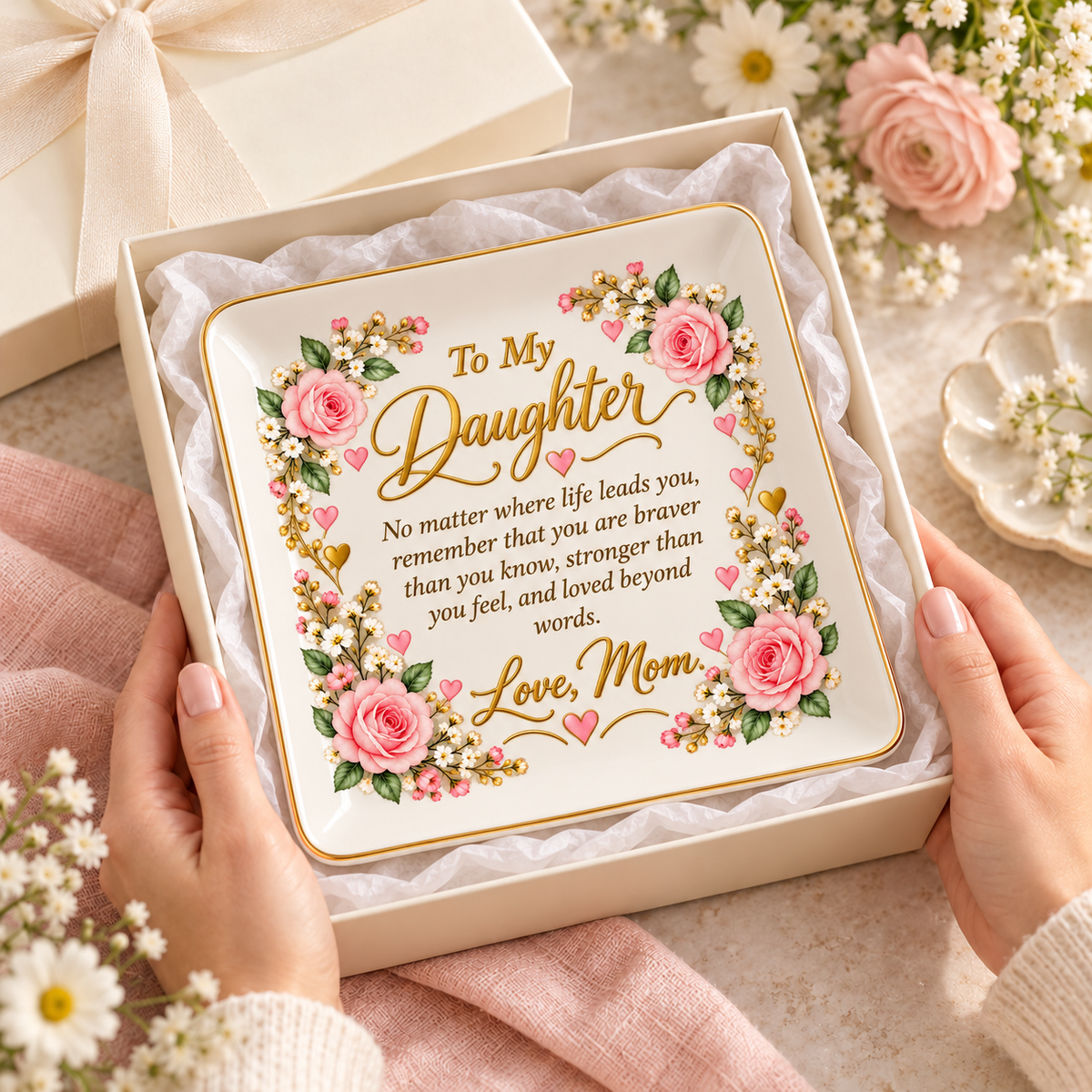 Daughter Jewelry Dish, To My Daughter Floral Keepsake, Mom Love Gift, Inspirational Ceramic Trinket Tray, Birthday Gift for Daughter