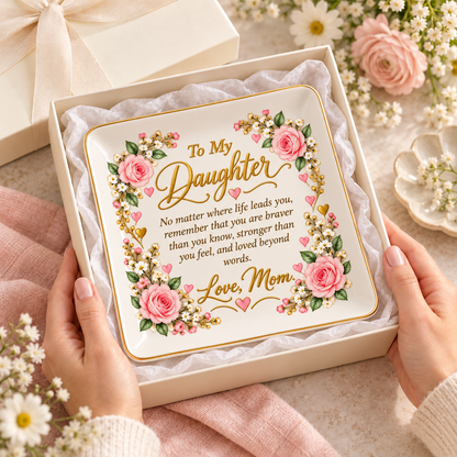 Daughter Jewelry Dish, To My Daughter Floral Keepsake, Mom Love Gift, Inspirational Ceramic Trinket Tray, Birthday Gift for Daughter